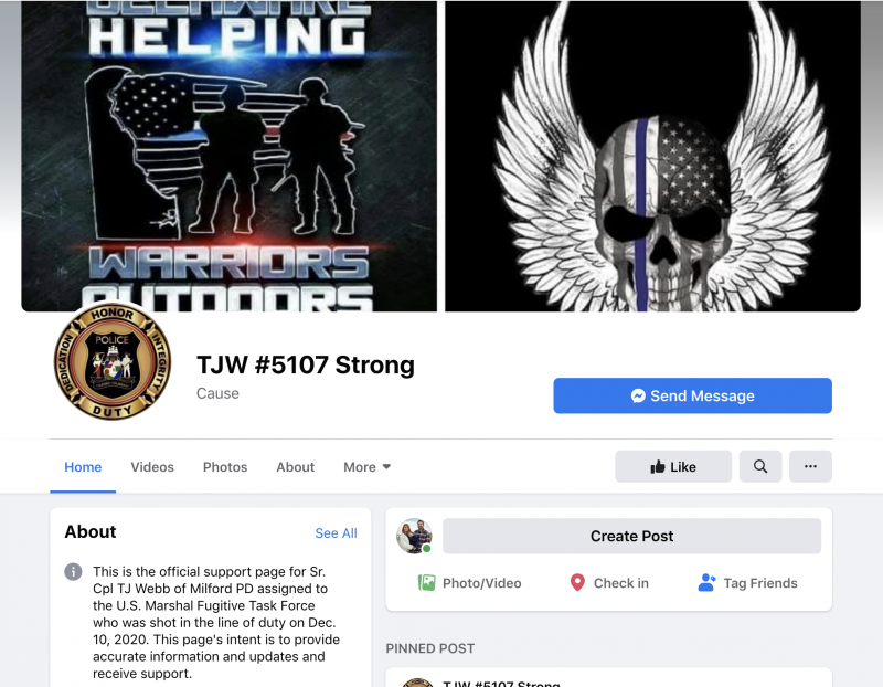 Larry Thompson of Delaware Helping Warriors Outdoors and Susanne Whitney of A Walk In Their Shoes created a Facebook page called TJW #5107 Strong to funnel information. SOURCE: SCREENSHOT